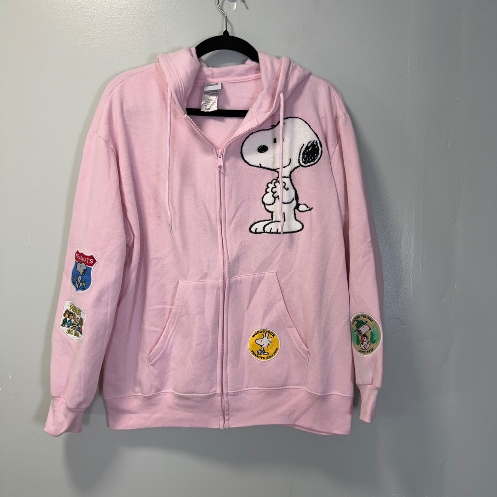 Peanuts Snoopy Woodstock Chenille Patch Zip Up Hoodie Pink Large PNSJFR1-4L16